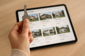 Pessoa segurando uma chave com um tablet aberto em um site imobiliário com imóveis ao fundo
